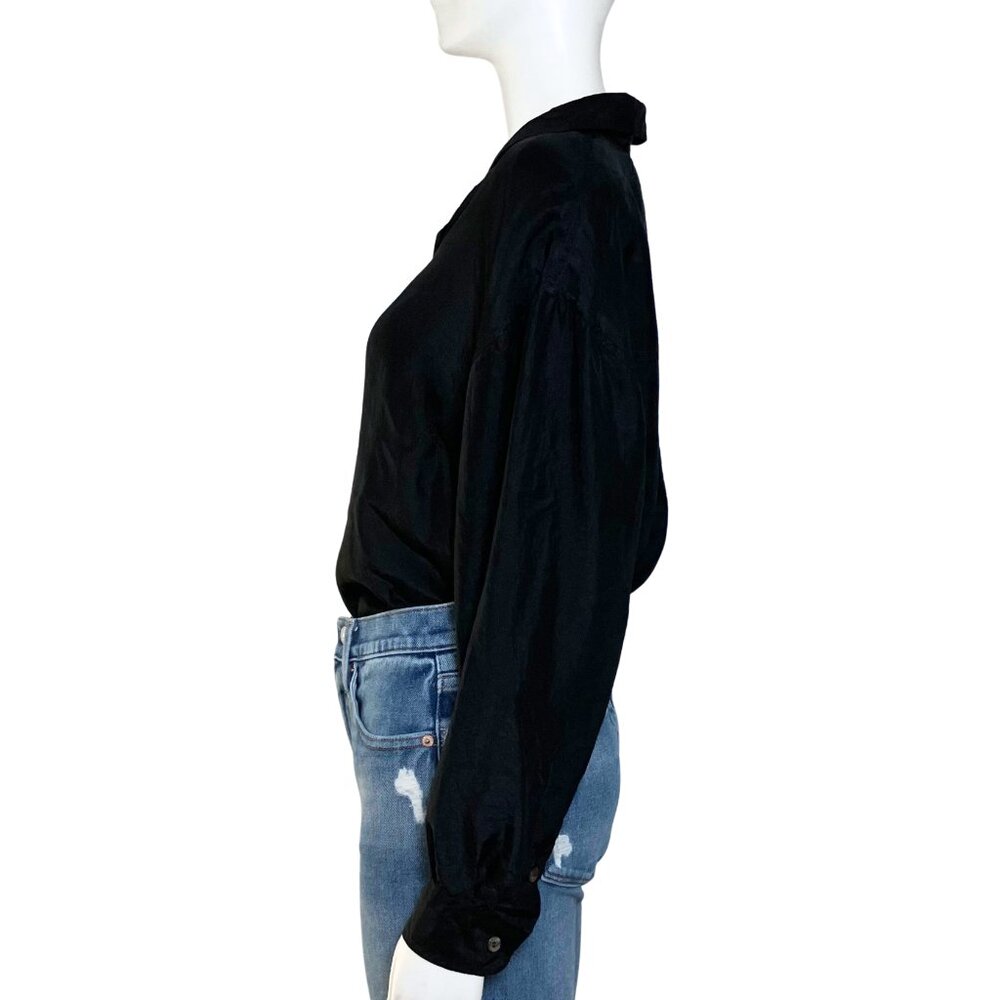Vintage 90s 100% Silk Express Black Button Down Blouse. XS. Retro Shoulder Pads - Picture 3 of 10